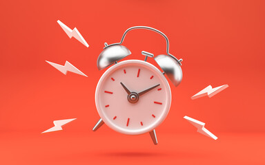 White and silver metal vintage ringing alarm clock on bright red background. Modern design, 3d rendering.