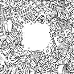 Bathroom hand drawn vector doodles illustration. Bath room frame card design.