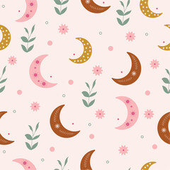 Vector cute kids seamless pattern with boho elements, moon, start, leaf, mystical elements in cartoon style. Hippie chic background. Good for fabric, wrapping, textile, wallpaper, apparel.