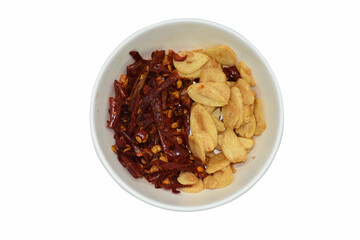 Fried peppers with fried garlic and spices for cooking