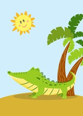 Funny cute crocodile lies on the sand under the sun near a palm tree. Vector illustration in cartoon style. Design concept about summer vacations for children's design