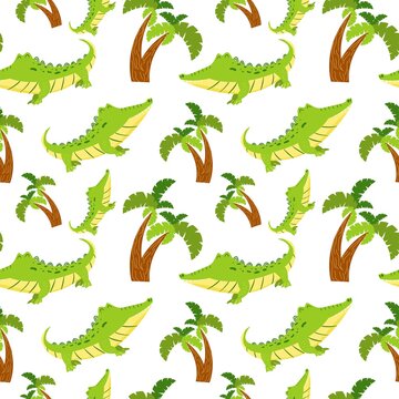 Seamless pattern with cute cartoon crocodile and palm tree. Endless texture with alligator and wood for kids design. Vector illustration.