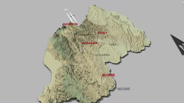 Seamless looping animation of the 3d terrain map of Rwanda with the capital and the biggest cites in 4K resolution