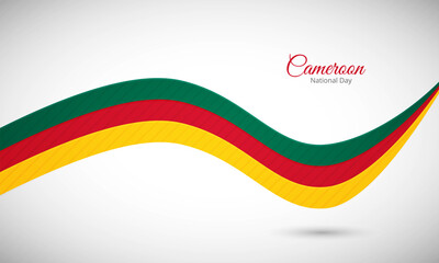 Happy national day of Cameroon. Creative shiny wavy flag background with text typography.