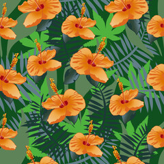 seamless pattern with tropical flowers and leaves