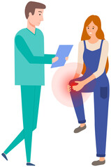 Fototapeta premium Woman with knee pain is examined at hospital. Doctor communicate with patient to make diagnosis. Person complains to traumatologist about painful sensations in leg joint. Girl feeling pain in her knee