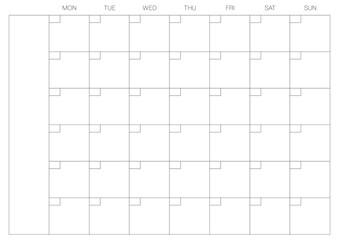 A6, A5, A4, A3, A2, A1 size. Organizer and bullet journal printable page. Perfect minimalist monthly planner. For every month. Events personal calendar. Week starts at Monday. Stationery. Vector.	
