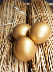 drei Goldeier, hart gekochtes Ei, Osterei in Gold gefärbt auf Strohmatte, easter egg in gold