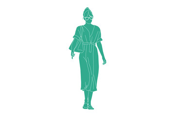 Fototapeta na wymiar Vector illustration of elegant woman walking walking on the sideroad, Flat style with outline