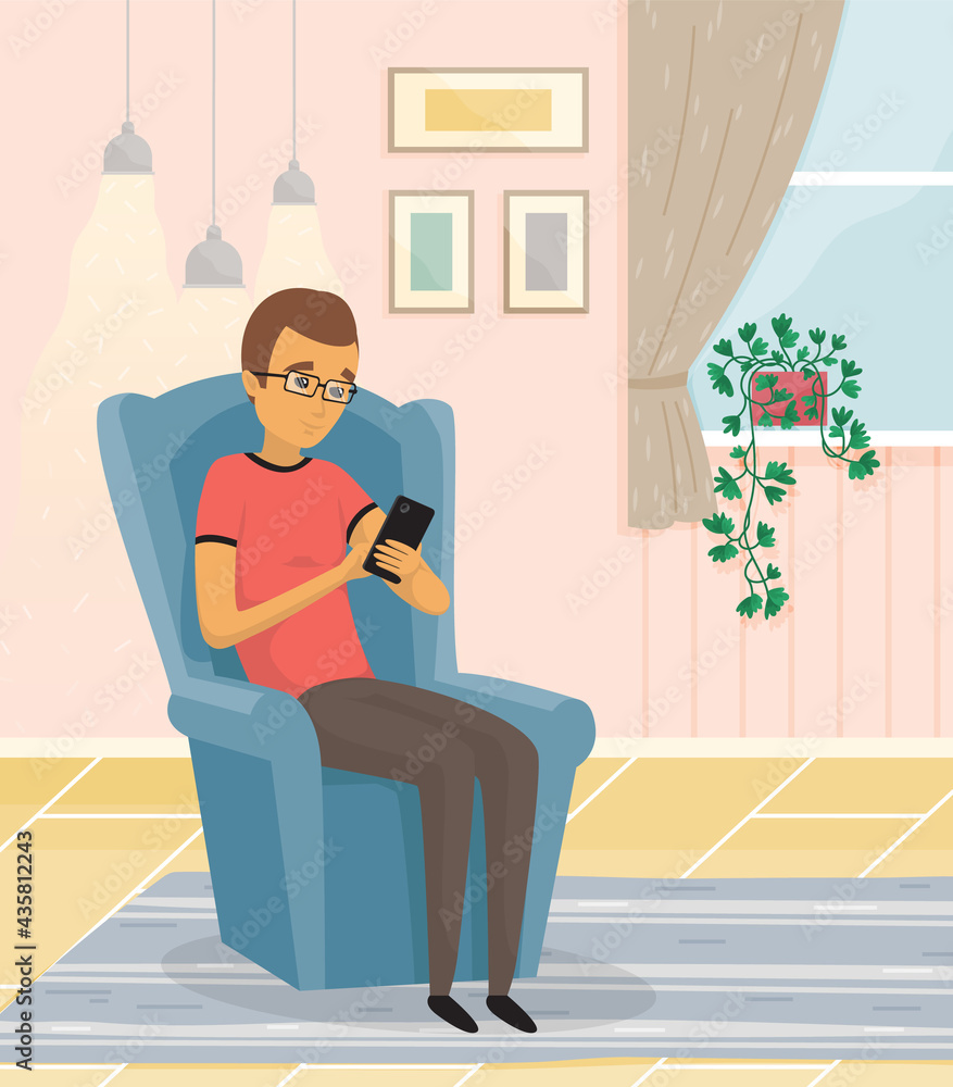 Aufkleber man uses smartphone while sitting on chair. internet surfing or reading article. guy looks at screen