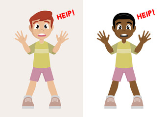 Young boy asking for help. Screaming boy guy.