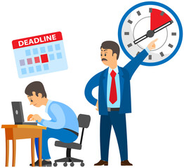 Missing deadline, bad time management. Work in high stress conditions and under hard boss pressure. Scene of tired, nervous, stressed people clutches head at work, many tasks. Deadline metaphors