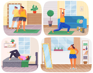 Obraz premium Fat woman s daily routine set of four scenes with oversize unhappy lady stands on scales and plays sports. Female daily life, everyday. Body positive lady looks at her reflection in mirror at home