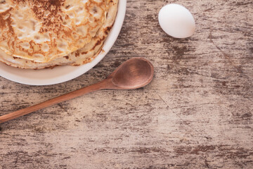 Plate with homemade pancakes. Selective focus. Free space to write.