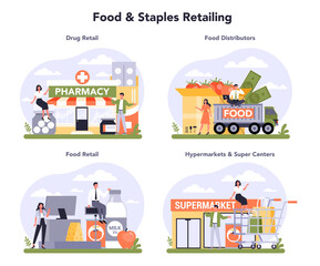 Food and staples retailing industry sector of the economy set. Grocery goods