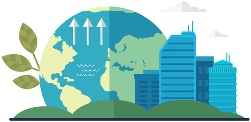 Obraz premium Changes in water level and climate on planet. Cityscape with skyscrapers on background of globe. Visualization weather and human activity affects water level. Modern downtown, business center