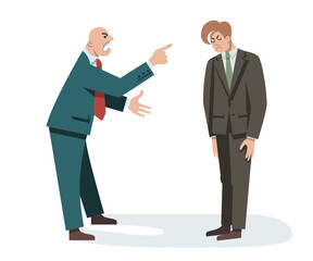 Disgruntled boss insults the employee. Angry chief shouts at the subordinate. Conflicts at work. Negative emotions. Flat illustration on isolated white background.