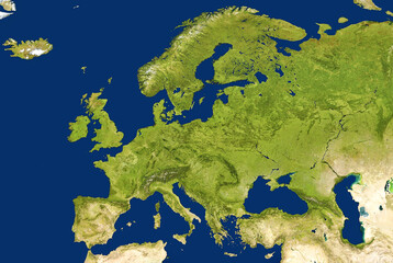 Europe map in global satellite photo. Elements of this image furnished by NASA. - obrazy, fototapety, plakaty