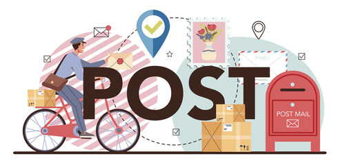 Post typographic header. Post office staff providing mail service,