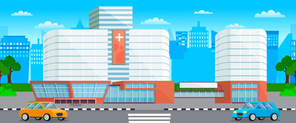 Modern hospital building, healthcare system and medical facility with all departments. Clinic with ambulance outside city. Healthcare and emergency concept. Urban medical clinic in nature landscape