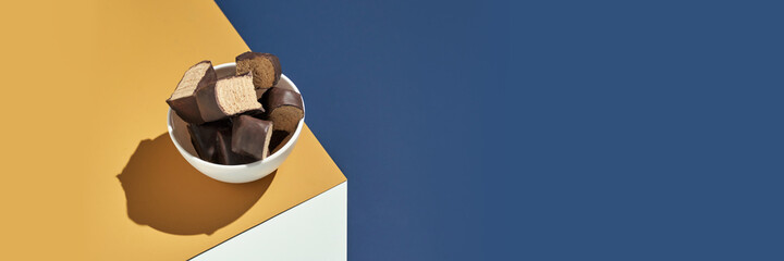 Halva concept. Trend turkish food. Sweet bakery. Cookies. Yummy dessert. Blue and yellow. Holiday recipe. Anniversary gourmet. Breakfast cake slice. Glaze candy. Sunflower