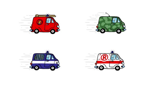 Four cars pack cartoon animation isolated. Police, emergency, military, fire brigade fast driving. Seamless loop.

