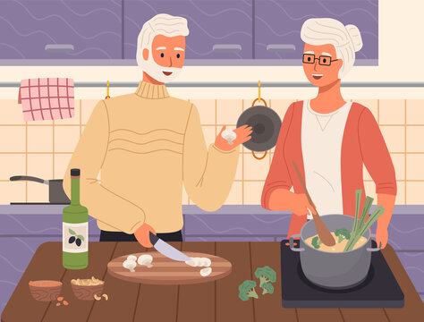 Proper nutrition, healthy lifestyle and vegetarianism concept. Elderly couple is preparing soup with mushrooms and vegetables in kitchen. Old family mixing ingredients for meatless vegetarian dish