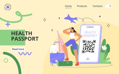 Health passport mobile application or Covid19 vaccination passport. Flat vector illustration. Female character with suitcase goes on a trip. Travel during the pandemic.