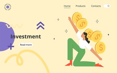 Businesswoman character is holding the coins. Concept of investing, strategy, financial success. Flat vector illustration.