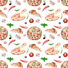 Traditional Italian pizza. The pattern. The image is hand-drawn and isolated on a white background. Watercolor painting.