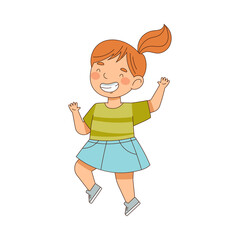 Elated Girl with Ponytail Jumping with Joy Expressing Excitement and Happiness Vector Illustration