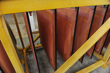 East Kazakhstan region, Kazakhstan - 12.02.2015 : Layers of cathode copper on a special lift for...