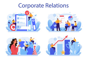 Corporate relations set. Business ethics. Corporate organization