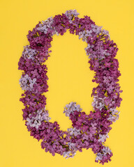 The letter Q is lined with lilac flowers on a yellow background. For lettering, composing words.