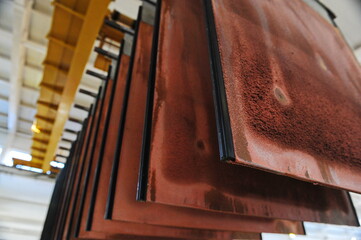 East Kazakhstan region, Kazakhstan - 12.02.2015 : Layers of cathode copper on a special lift for...
