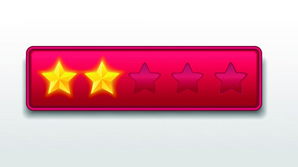  2 (two) stars. Customer feedback rating sytem. realistic shiny gold stars in front of red rectangle modern vector illustration