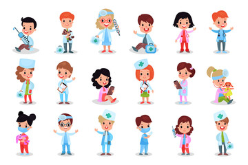 Adorable Kids Playing Doctor and Nurse Vector Illustration Set