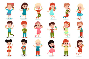 Happy Children Standing and Holding Ice Cream in Waffle Cone and on Stick Vector Illustration Set