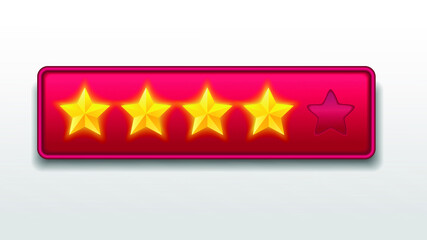 Four (4) stars. Good Customer feedback rating sytem. realistic shiny gold stars in front of red rectangle modern vector illustration