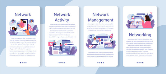 Network activity mobile application banner set. Customer attention