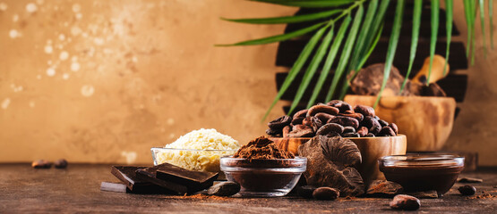 Various cocoa products set: beans, powder, butter, dark chocolate, grated cocoa on wooden table...