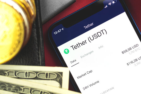 Tether crypto currency logo close-up, buy and sell, trade and exchange new virtual money concept background, top view photo