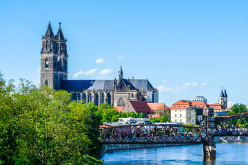 Lift bridge in front of the Magdeburg Cathedral and the Elbe river