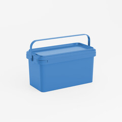 Blue rectangular plastic can / bucket / container with handle and no label. Perspective view, isolated on white background.