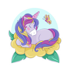 A cute rainbow unicorn is sleeping on a yellow flower, a butterfly is flying nearby. Childrens illustration, print, postcard, poster. Vector graphics of EPS10.