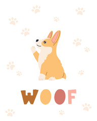 Funny smiling breed welsh corgi, kawaii baby pet with hand drawn lettering woof. Character concept for poster, card and placard in flat cartoon style. Colored vector illustration on white background