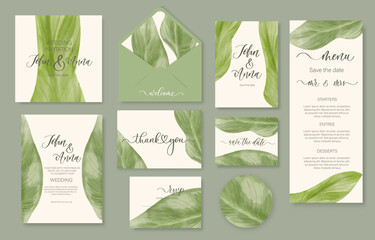 Wedding watercolor floral invitation, thank you, reply, menu, rsvp with gently watercolor green leaves.