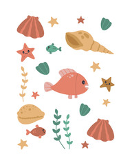 Trendy poster with fun smiling fish, see underwater creatures, shell and starfish for nursery, cards or invitation. Hand drawn vector illustration in boho style, pastel color isolated white background