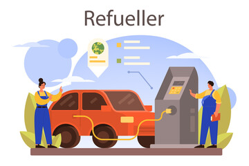 Refueler concept. Gas station worker in uniform working with a filling