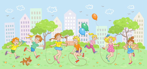 Children are walking in the city park. Cute happy kids run with toy planes and balloons, jump over the rope. In cartoon style. Vector illustration.